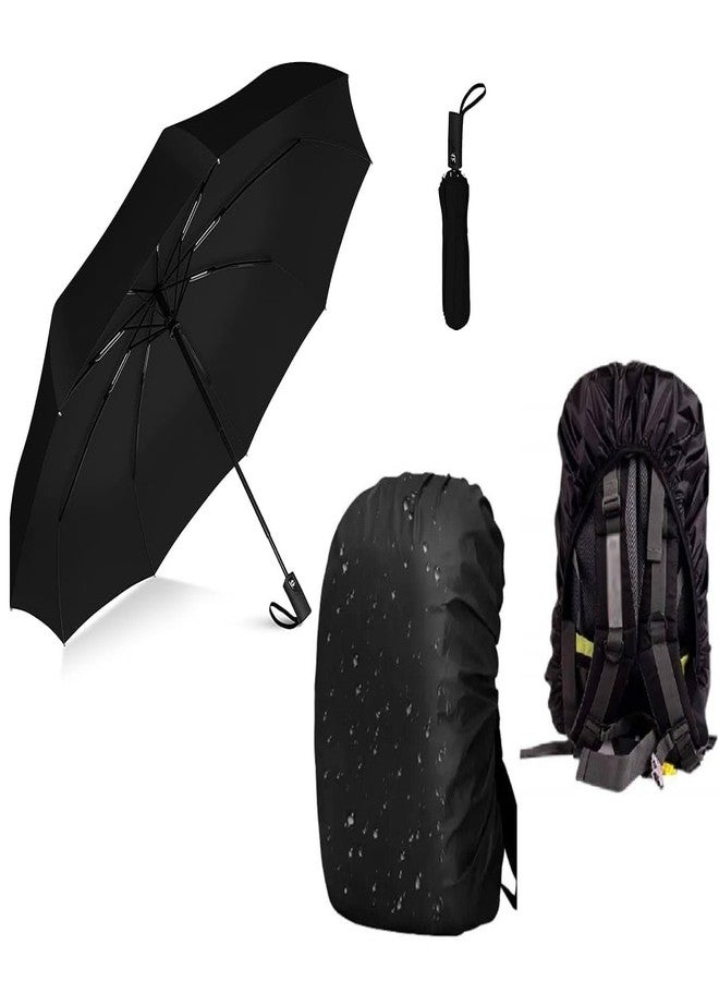 castanea Umbrella for Rain with Bag Cover for Rain, Windproof, UV Protection with 3 Fold Umbrella and Waterproof Bag Cover for Travel (Black Umbrella & Bag Cover) - Image 1